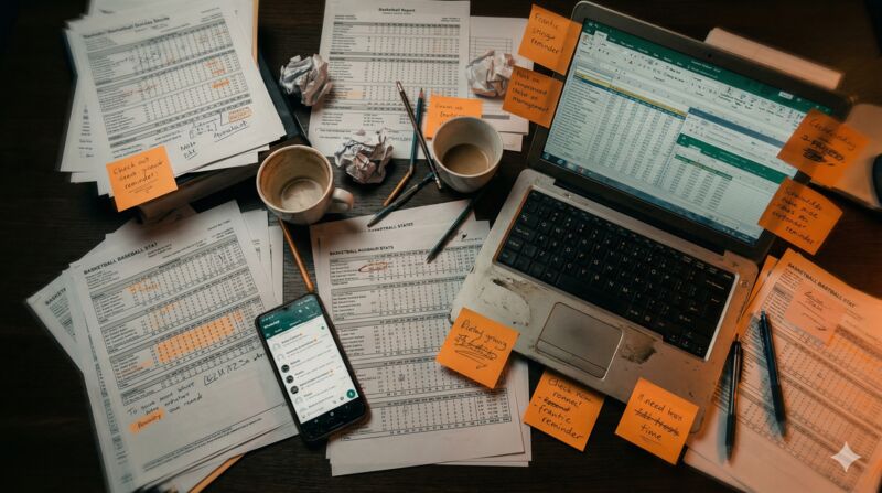 Messy desk with scattered stat sheets, sticky notes, and WhatsApp messages