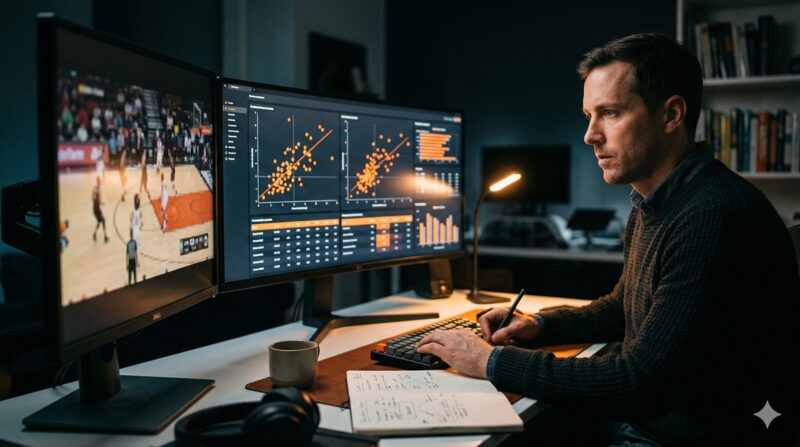 Scout analyzing basketball stats on multiple monitors